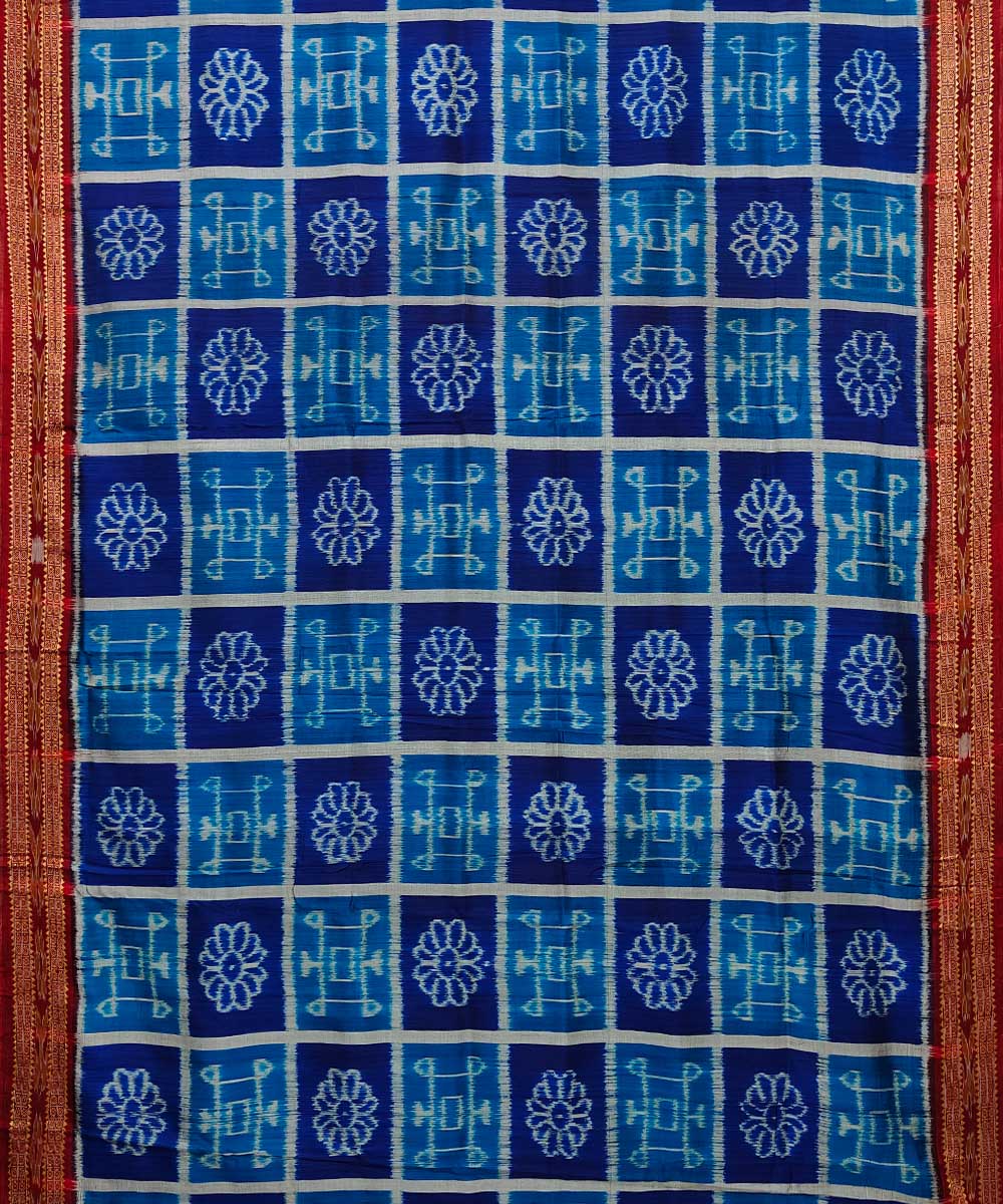 Blue red cotton silk khandua handwoven saree