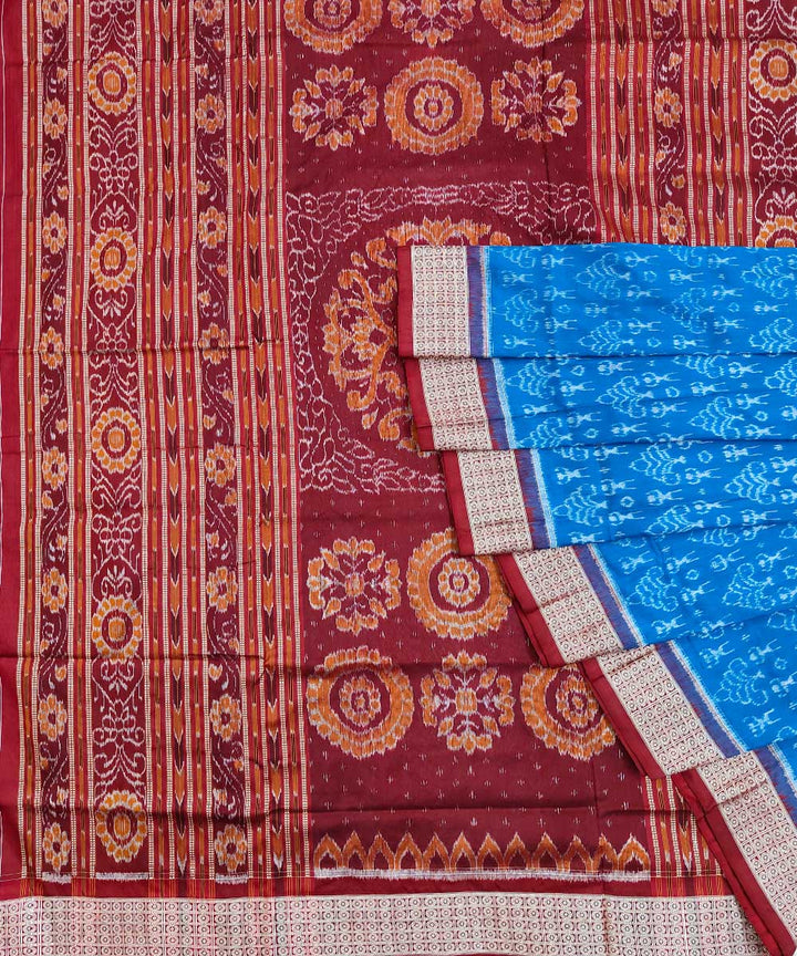 Cyan blue maroon silk handwoven sambalpuri saree