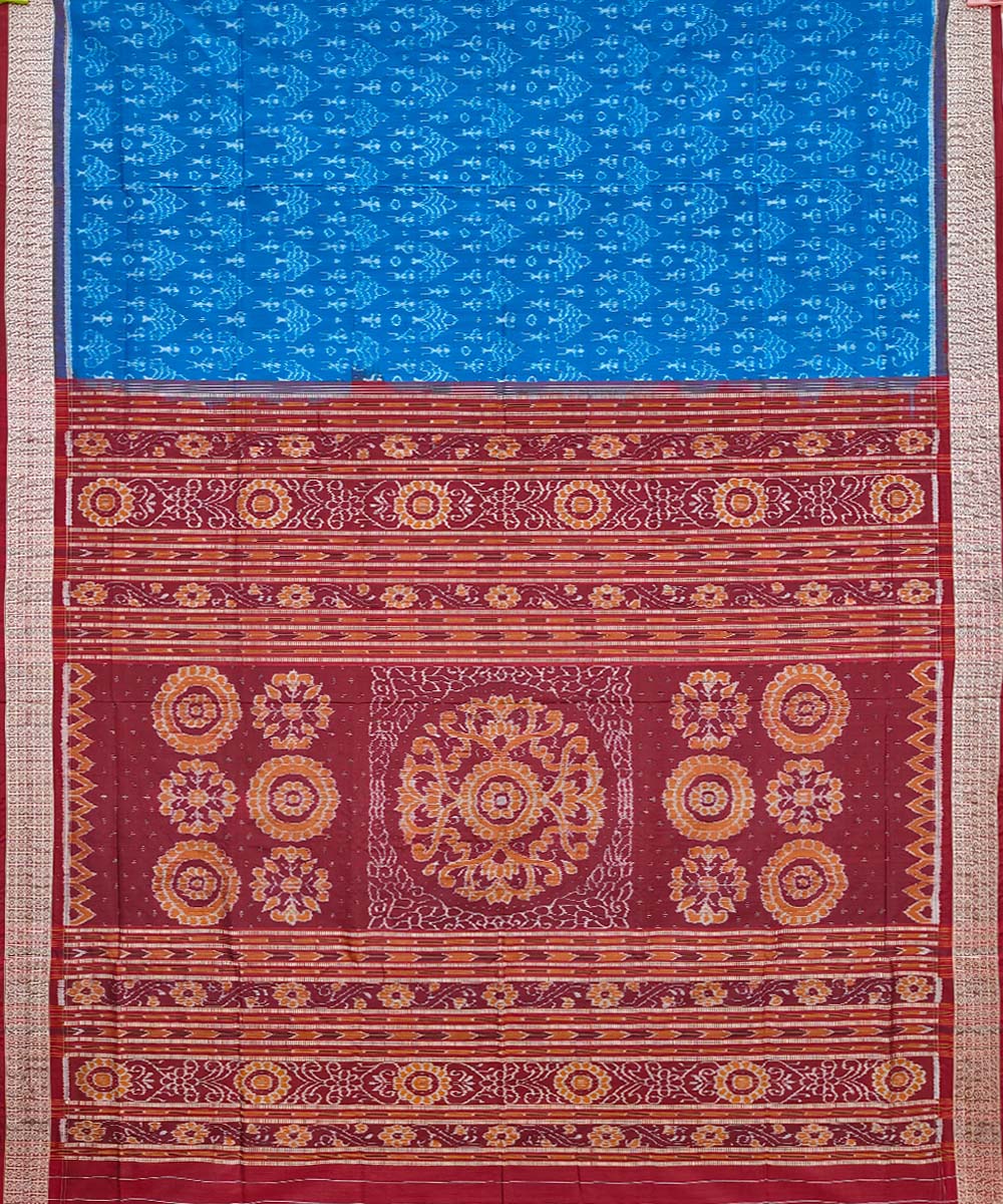 Cyan blue maroon silk handwoven sambalpuri saree