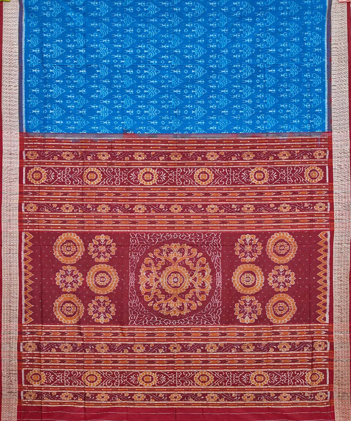 Cyan blue maroon silk handwoven sambalpuri saree