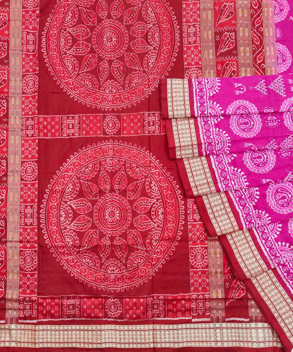 Pink red silk handwoven sambalpuri saree