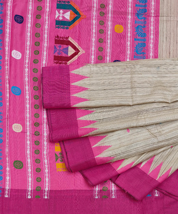 Beige magenta dolabedi Tussar Silk Handwoven Saree