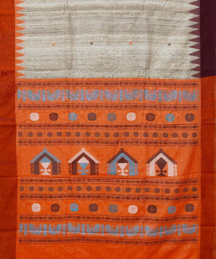 Beige orange gopalpur tussar silk handwoven saree