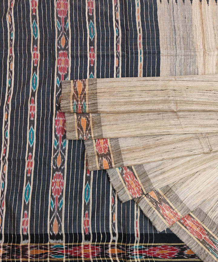 Beige black gopalpur tussar silk handwoven saree