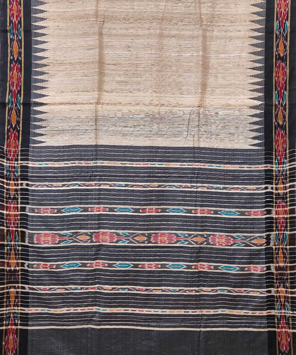 Beige black gopalpur tussar silk handwoven saree