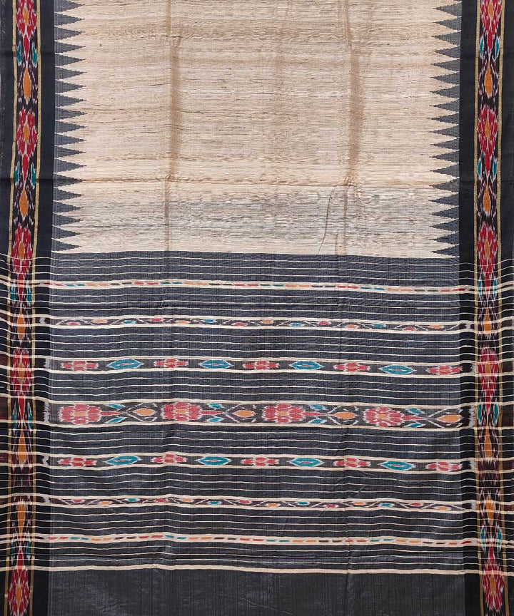Beige black gopalpur tussar silk handwoven saree