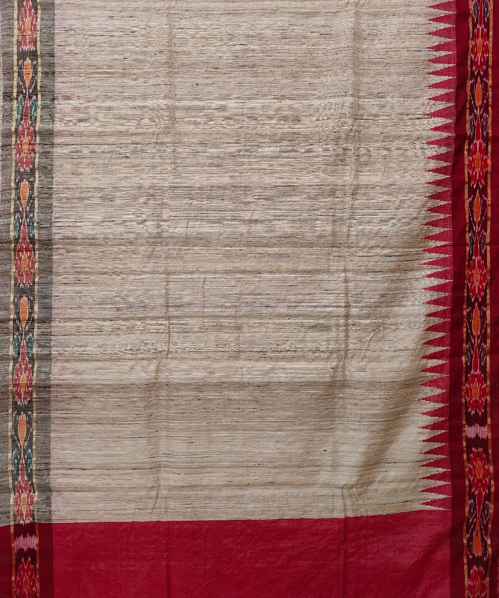 Beige red gopalpur tussar silk handwoven saree