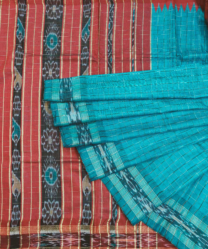 Cyan blue red gopalpur tussar silk handwoven saree