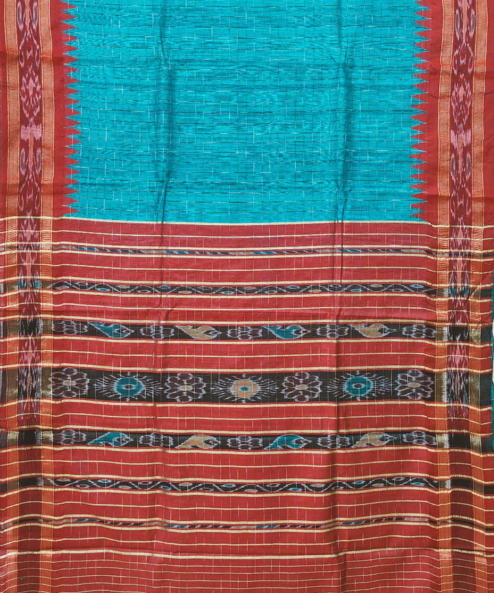 Cyan blue red gopalpur tussar silk handwoven saree