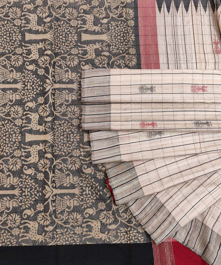 White multicolour gopalpur tussar silk handwoven saree