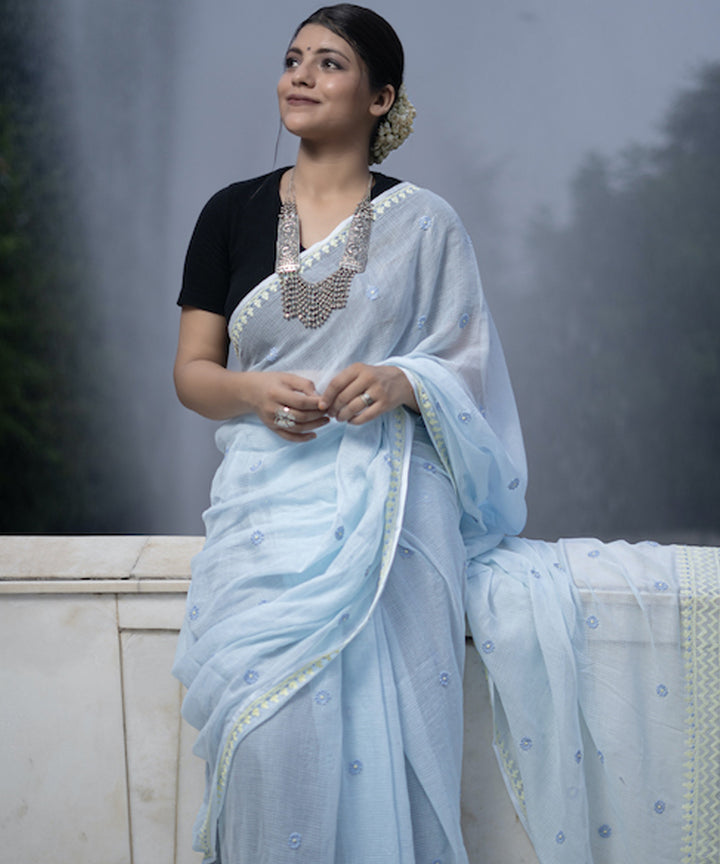 Sky blue cotton hand embroidered chikankari saree