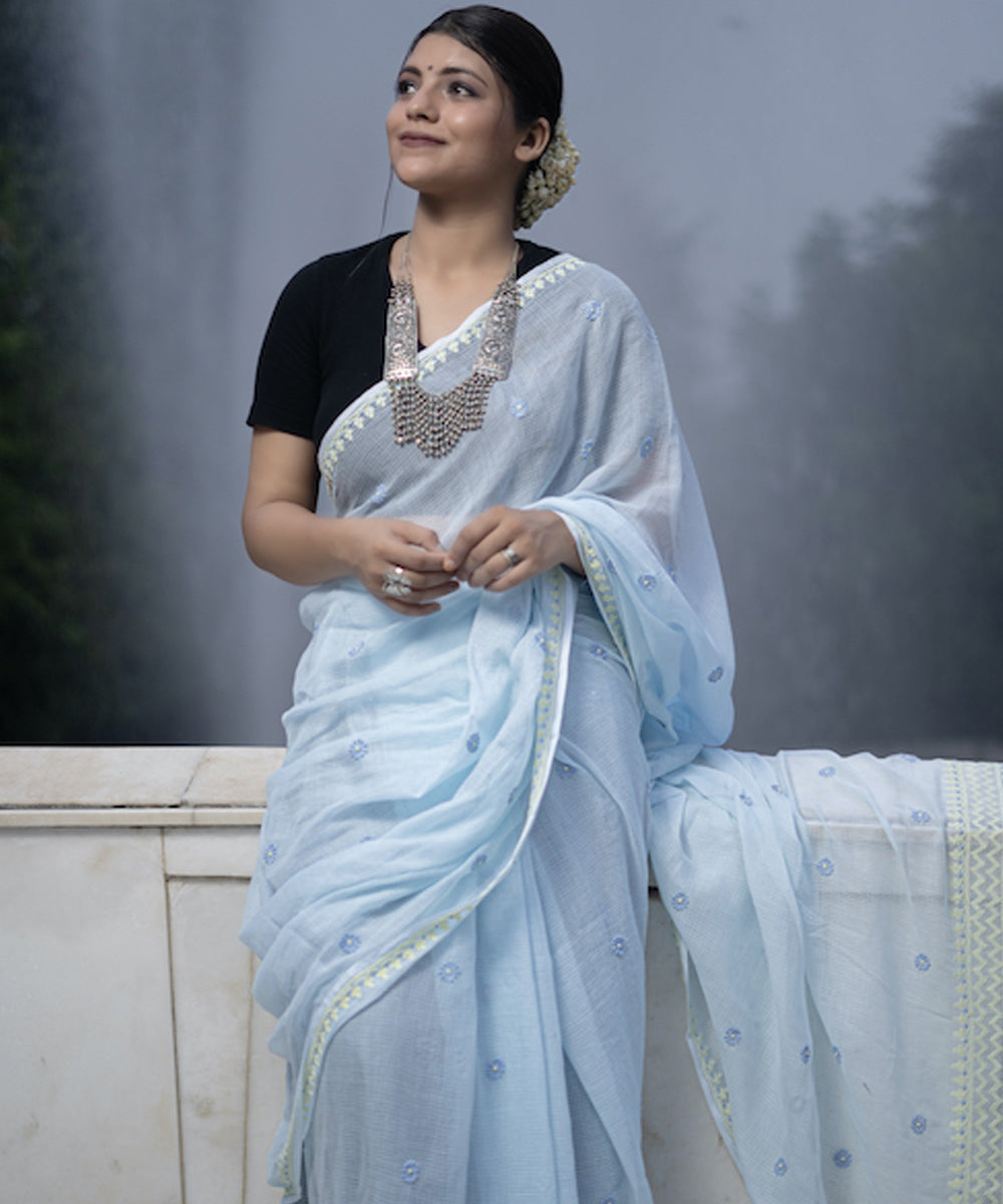 Sky blue Kota Cot, Silk hand embroidered chikankari saree