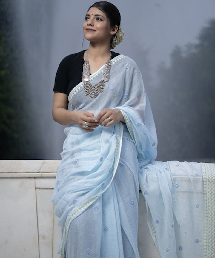 Sky blue Kota Cot, Silk hand embroidered chikankari saree