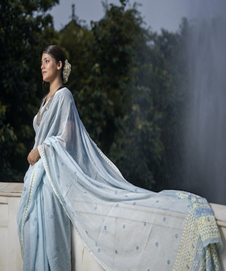 Sky blue Kota Cot, Silk hand embroidered chikankari saree