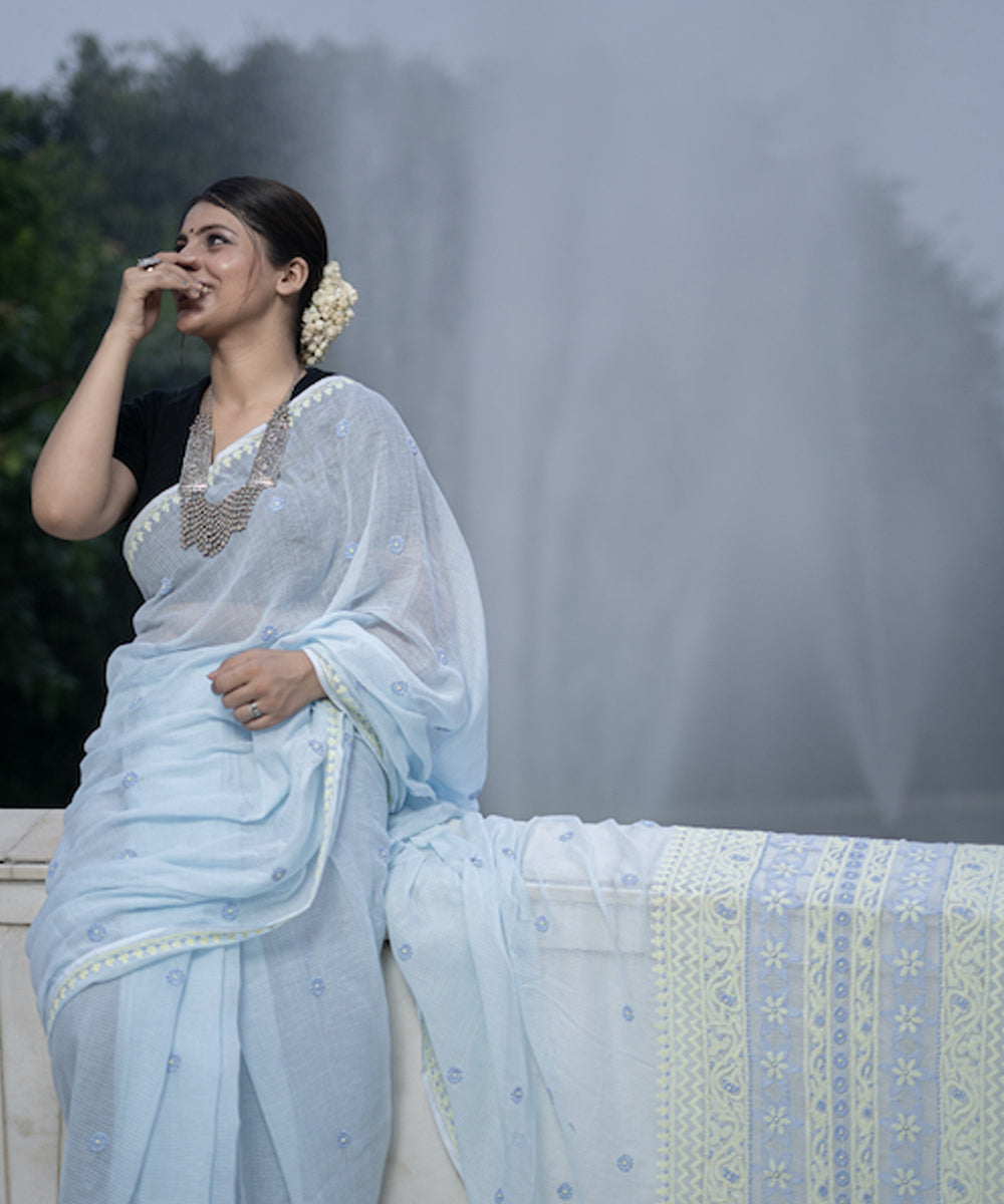 Sky blue Kota Cot, Silk hand embroidered chikankari saree