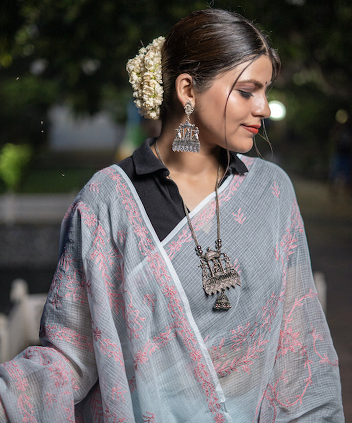 Light blue pink cotton hand embroidered chikankari saree