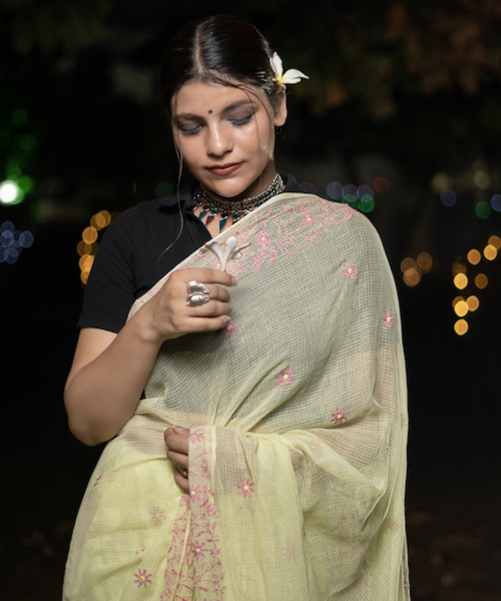 Yellow pink cotton hand embroidered chikankari saree