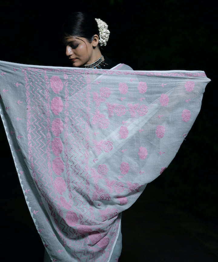 Sky blue pink cotton hand embroidered chikankari saree