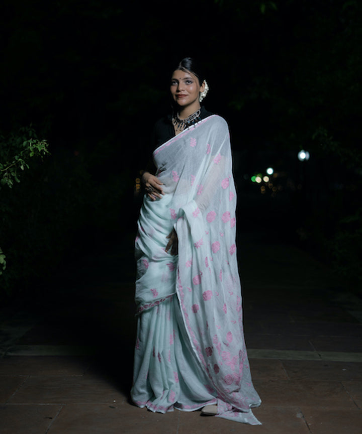 Sky blue pink cotton hand embroidered chikankari saree
