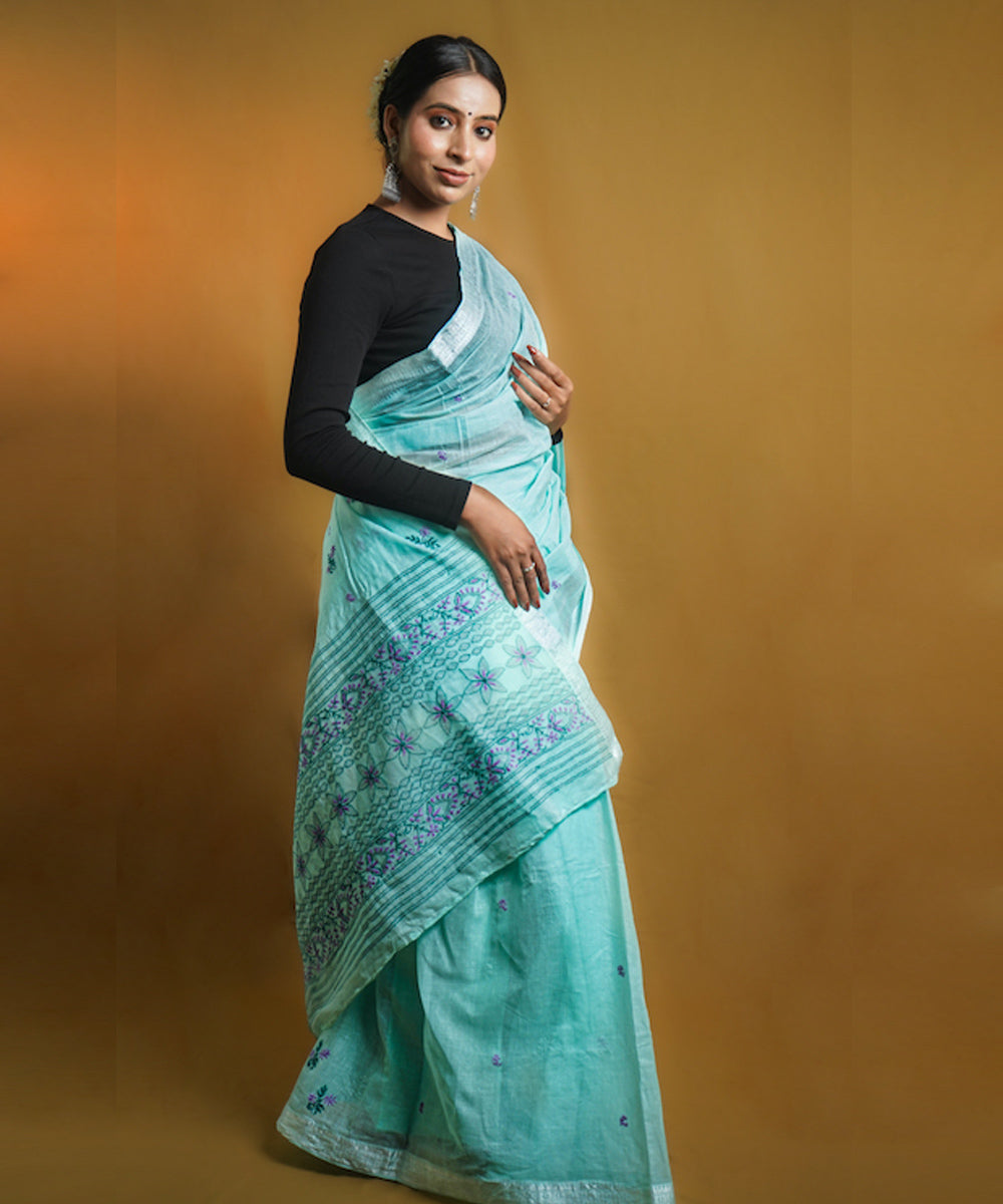 Sky blue white cotton hand embroidered chikankari saree