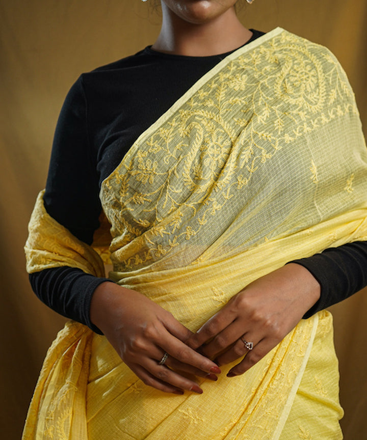 Yellow white cotton hand embroidered chikankari saree