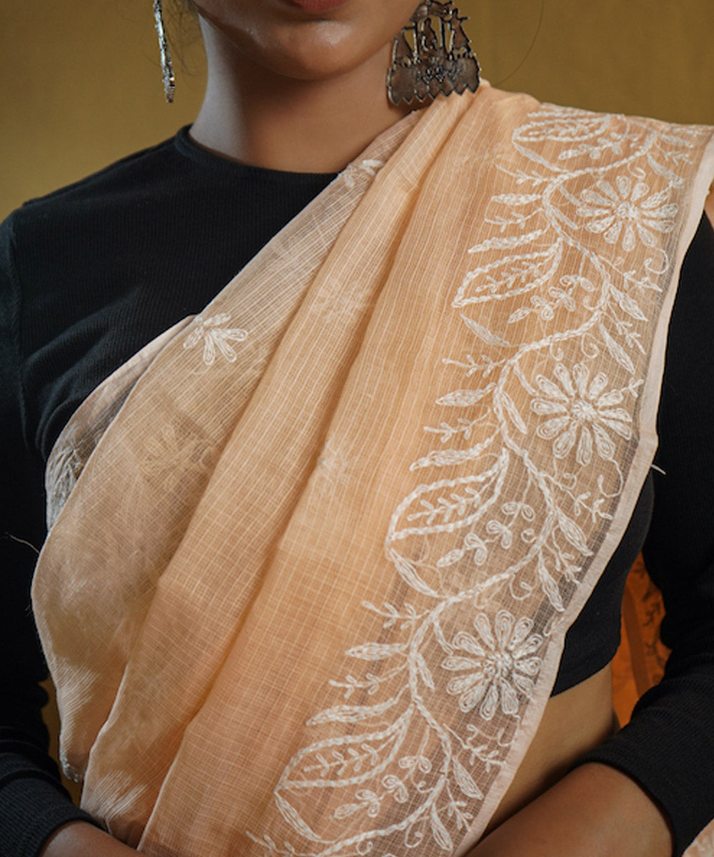 Peach white cotton hand embroidered chikankari saree