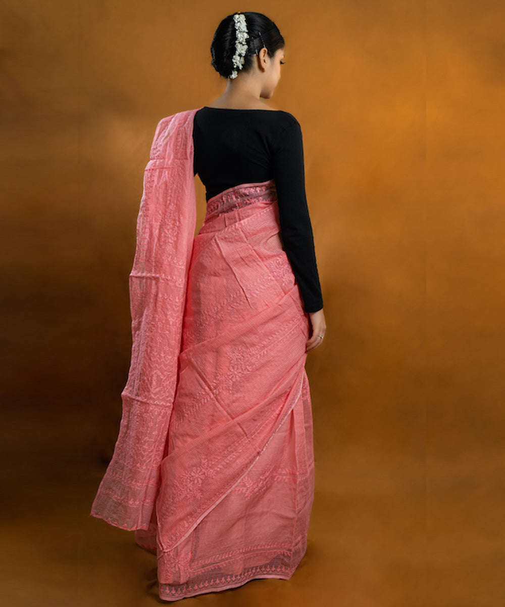 Pink white cotton hand embroidered chikankari saree