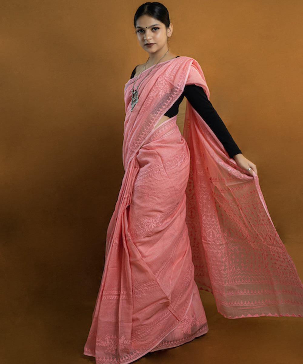 Pink white cotton hand embroidered chikankari saree
