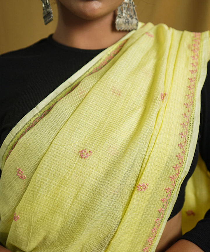 Yellow white cotton hand embroidered chikankari saree