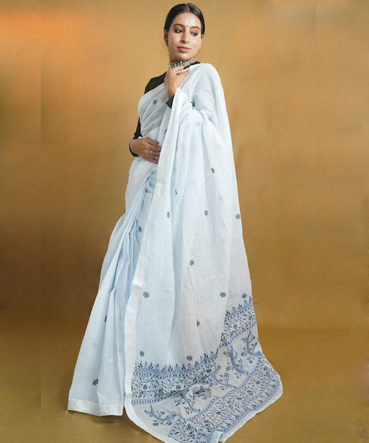 White blue cotton hand embroidered chikankari saree