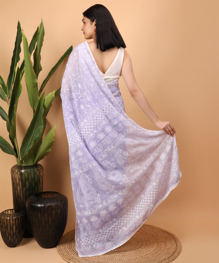 Purple white handloom chikankari cotton saree
