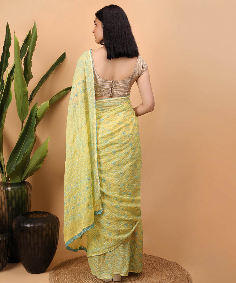 Yellow green cotton handloom chikankari saree