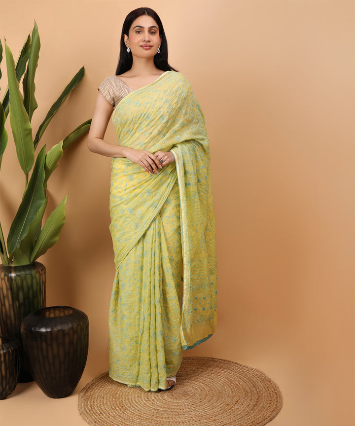 Yellow green cotton handloom chikankari saree