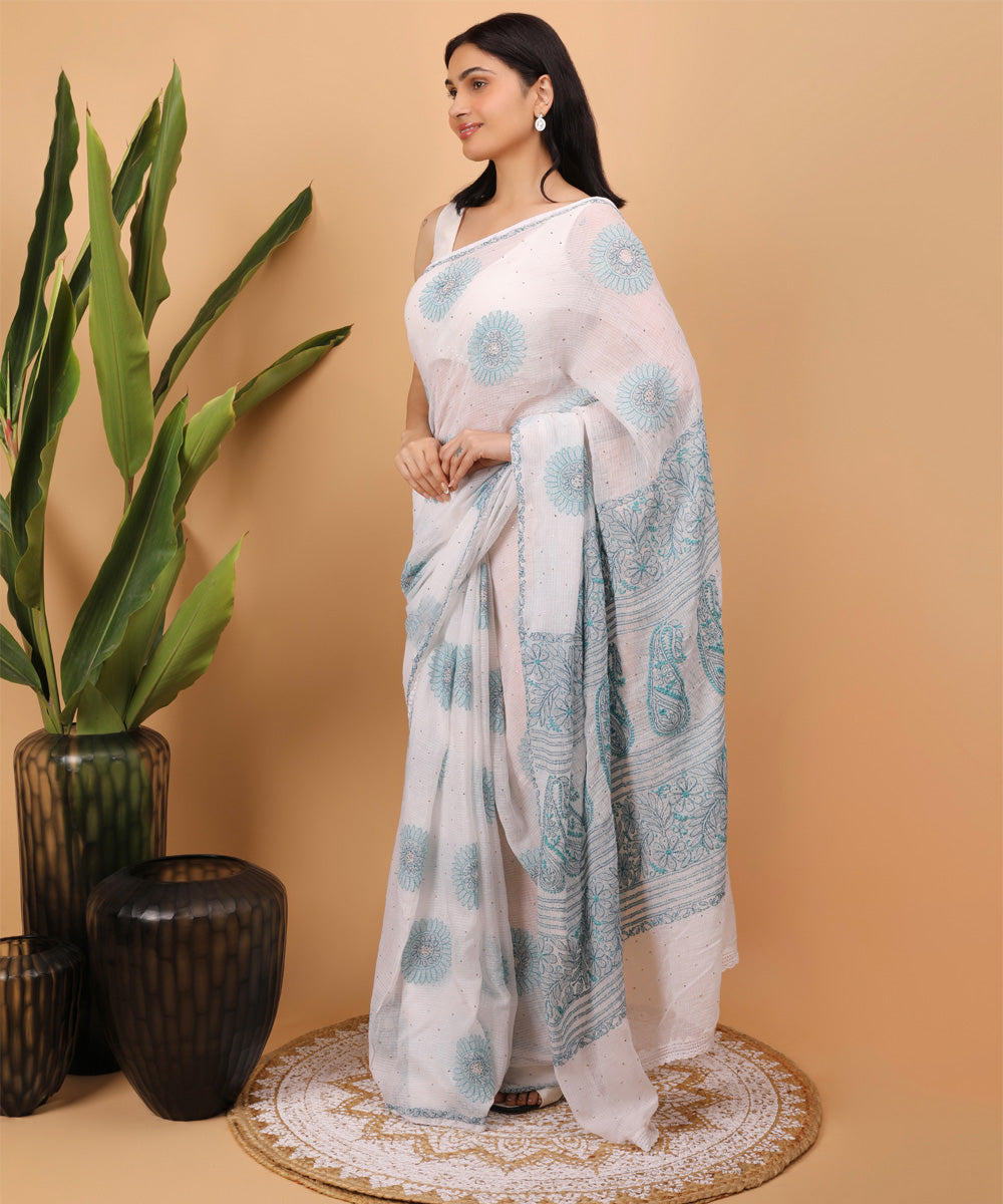 White blue cotton handloom chikankari saree