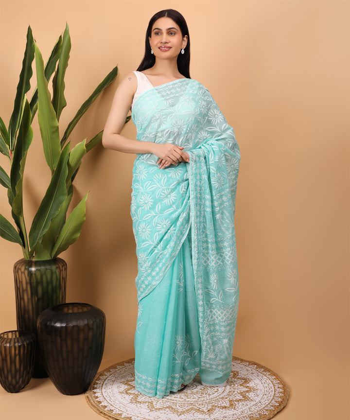 Cyan blue white cotton handloom chikankari saree