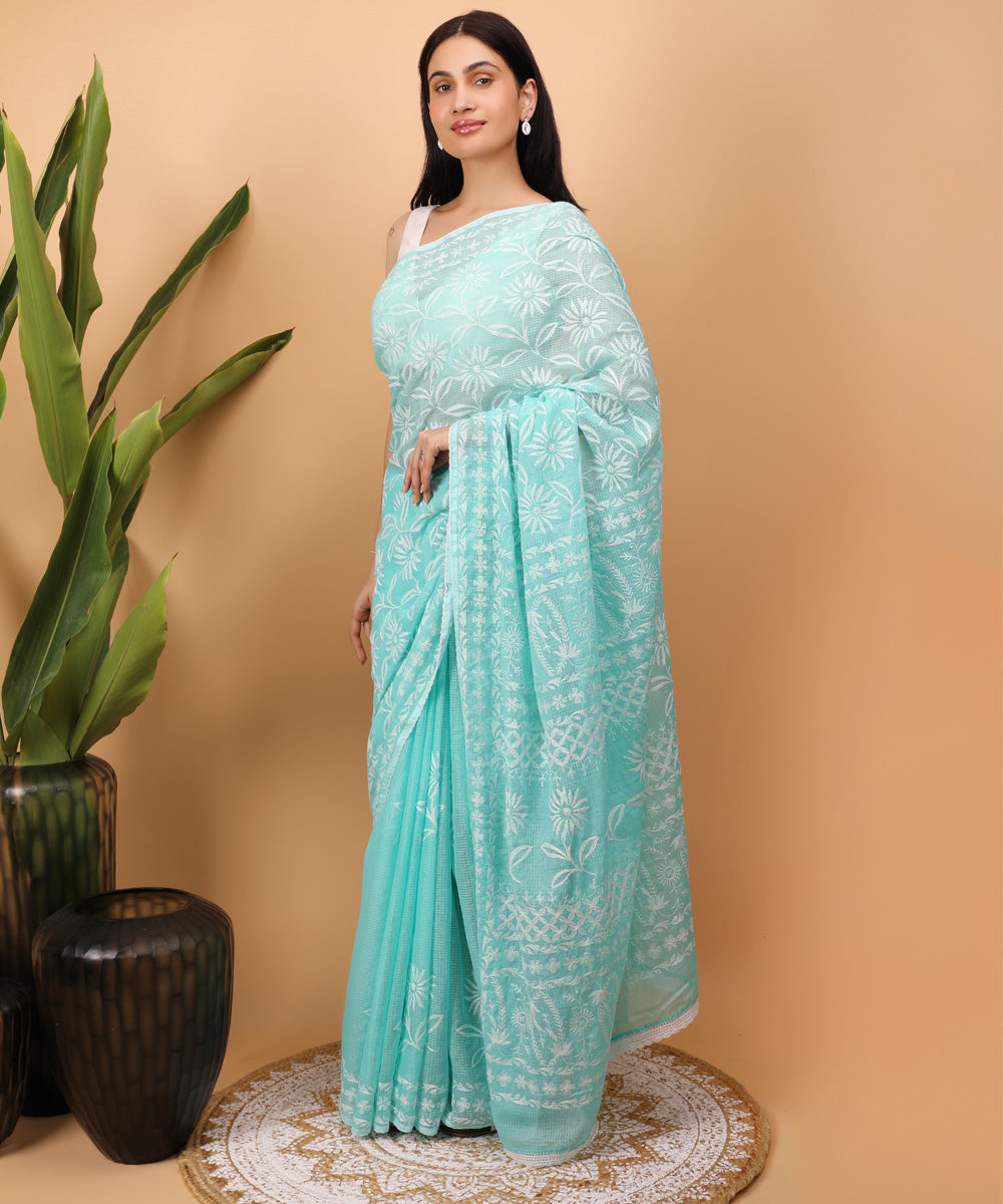 Cyan blue white cotton handloom chikankari saree