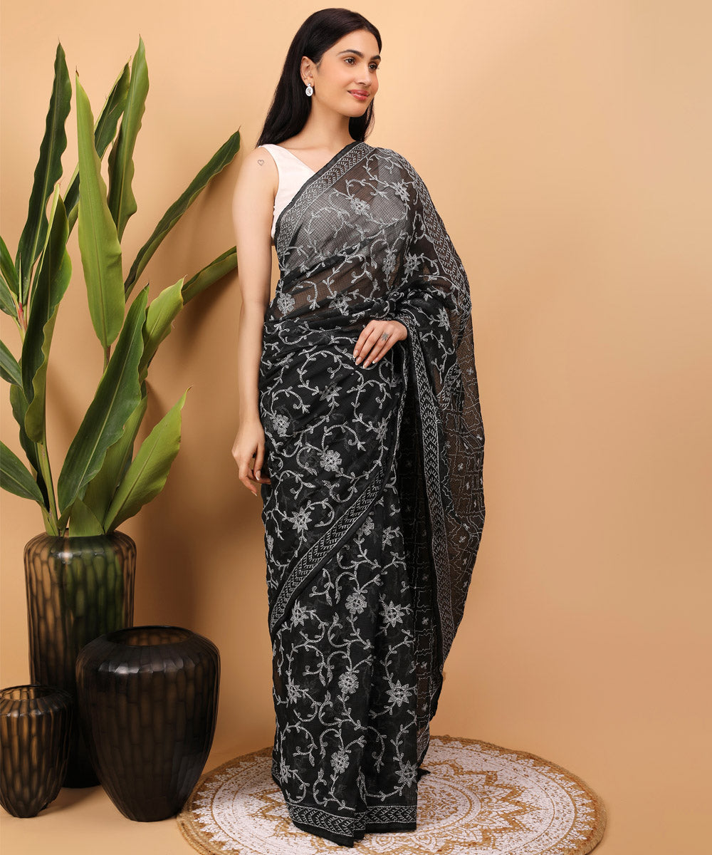 Black white handloom chikankari cotton saree
