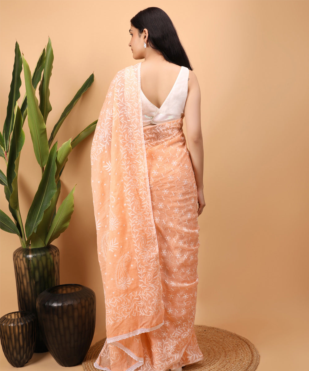 Pink white cotton handloom chikankari saree