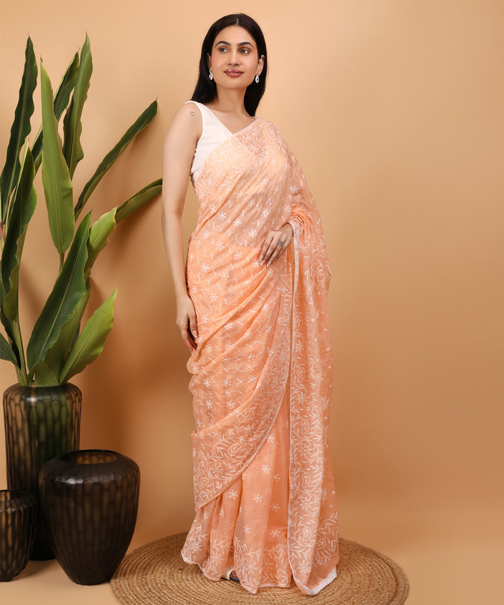 Pink white cotton handloom chikankari saree