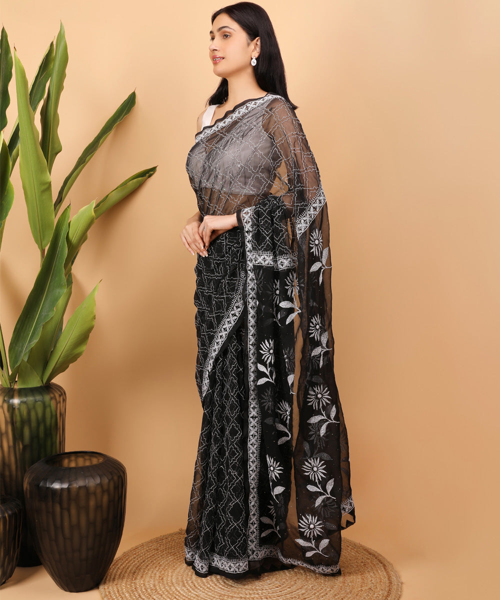 Black white cotton handloom chikankari saree