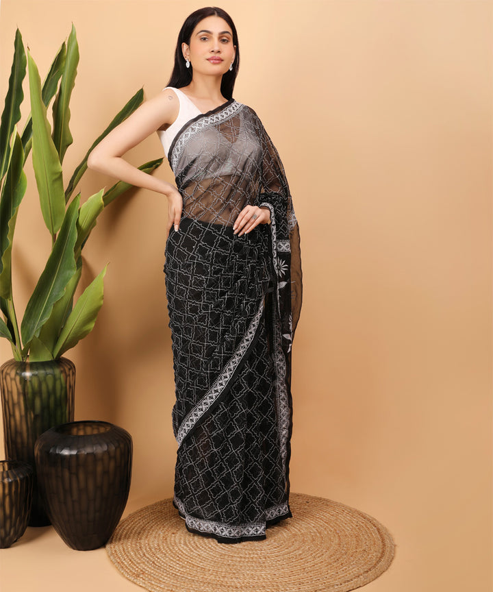 Black white cotton handloom chikankari saree