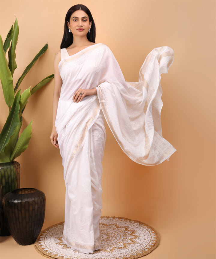 White white cotton handloom chikankari saree
