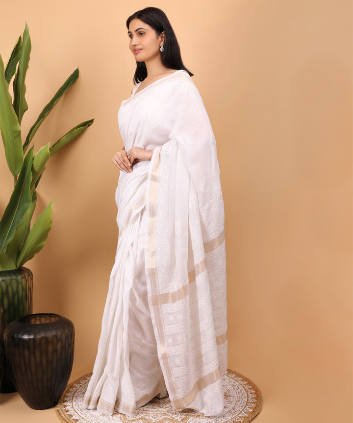 White white cotton handloom chikankari saree