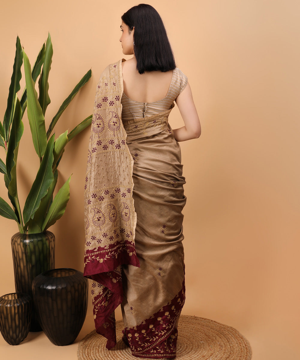 Brown maroon cotton handloom chikankari saree