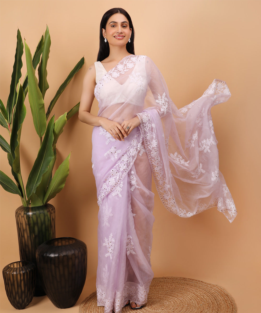 Purple white cotton handloom chikankari saree