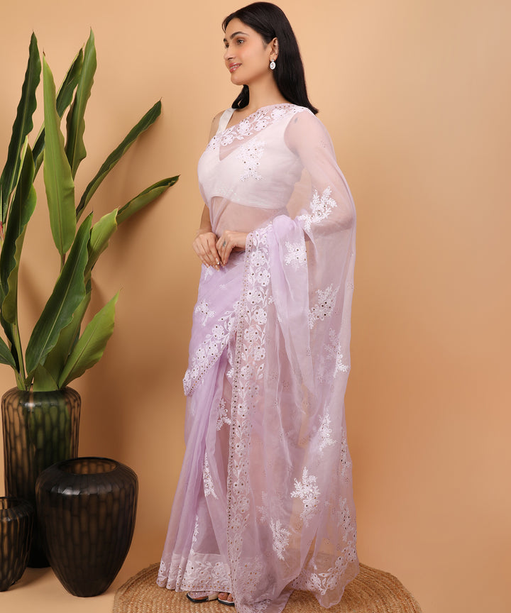 Purple white cotton handloom chikankari saree