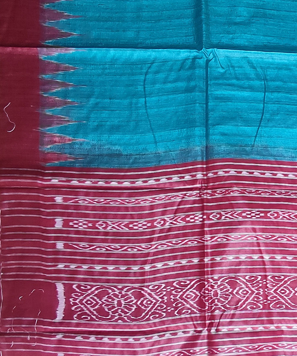 Sky blue red tussar silk handloom gopalpur saree