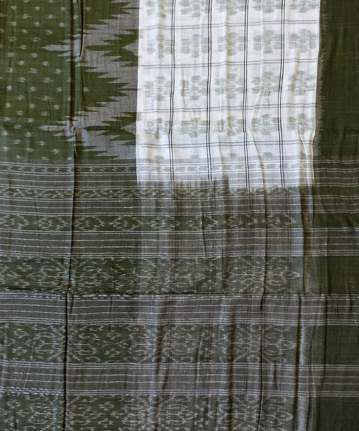 Olive green white cotton handwoven nuapatna saree