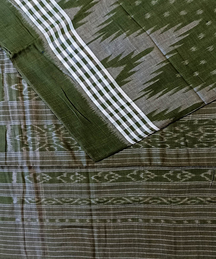 Olive green white cotton handwoven nuapatna saree