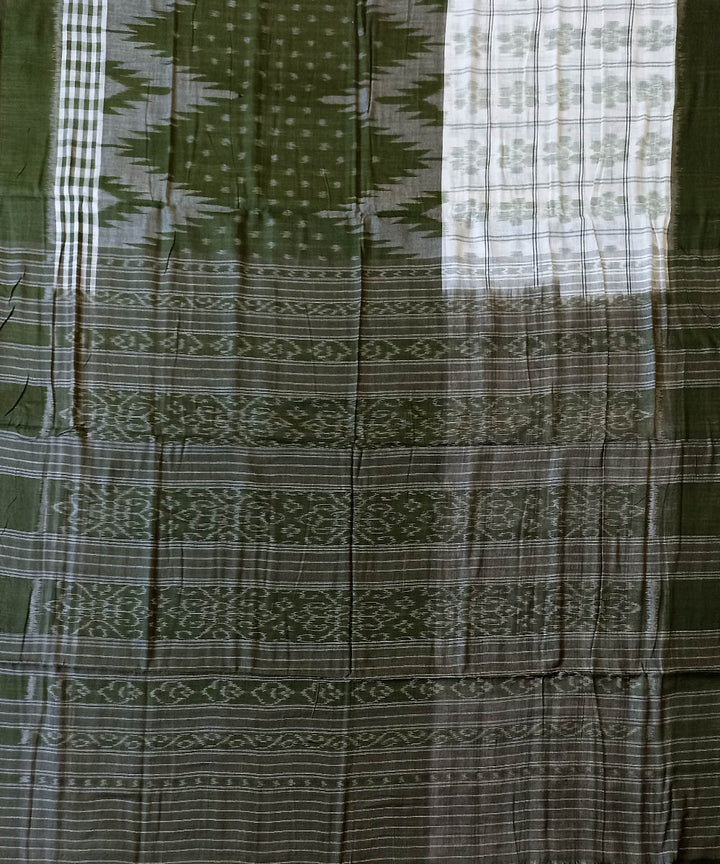 Olive green white cotton handwoven nuapatna saree